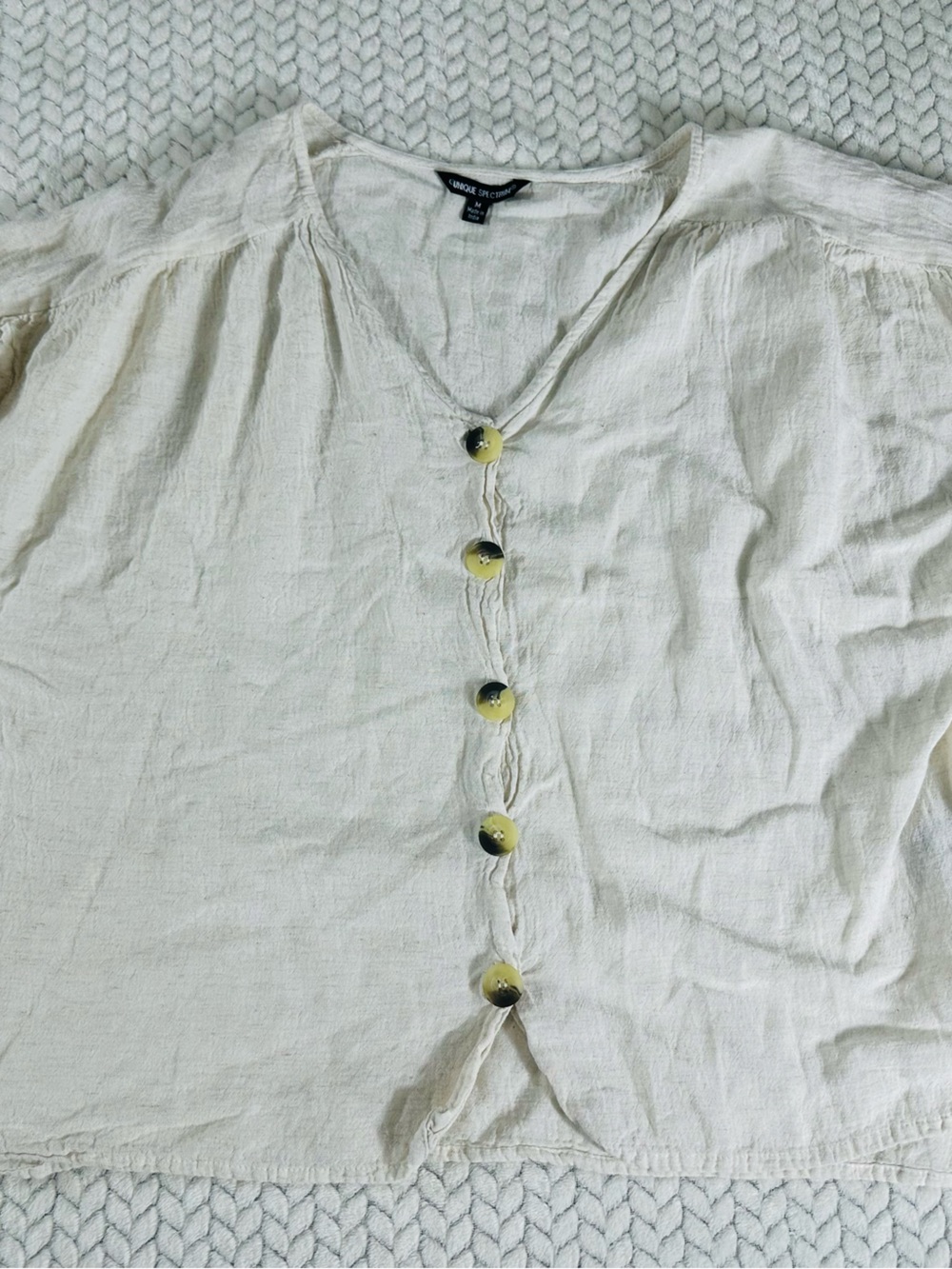 Womens linen blend button front top sz M oatmeal boxy lagenlook Coastal